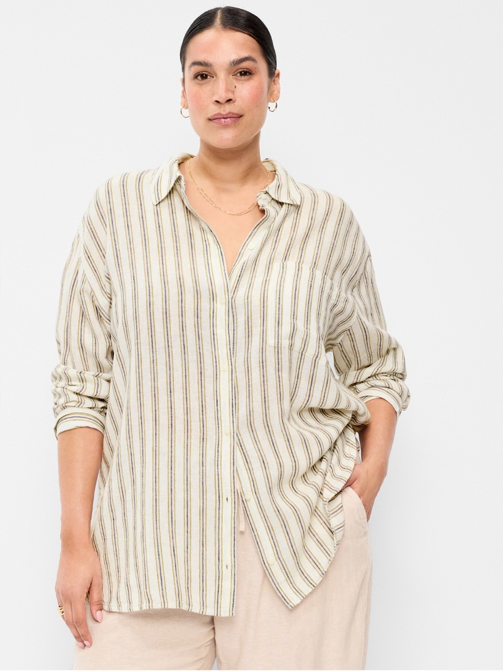 Linen Blend Loose Button Down Neutral Stripe Boyfriend shirt - Picture 2 of 11